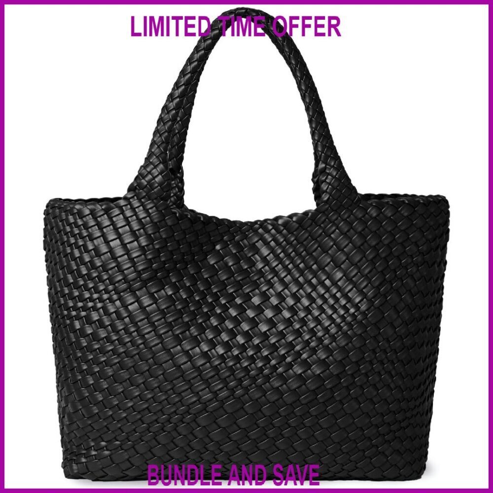 Woven Vegan Leather Tote Bag with Zippered Pouch & Magnetic Closure